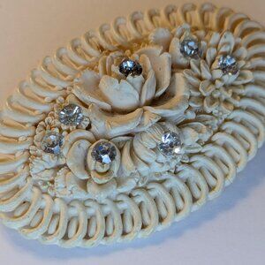 1950s Vintage Carved Celluloid Brooch Unique Design with Crystals Accents Flower